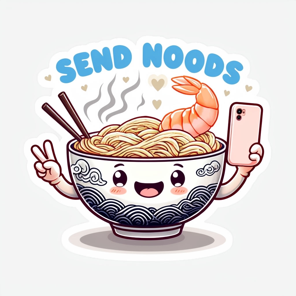 Cheerful Cartoon Noodle Bowl with 'Send Noods' Text Sticker