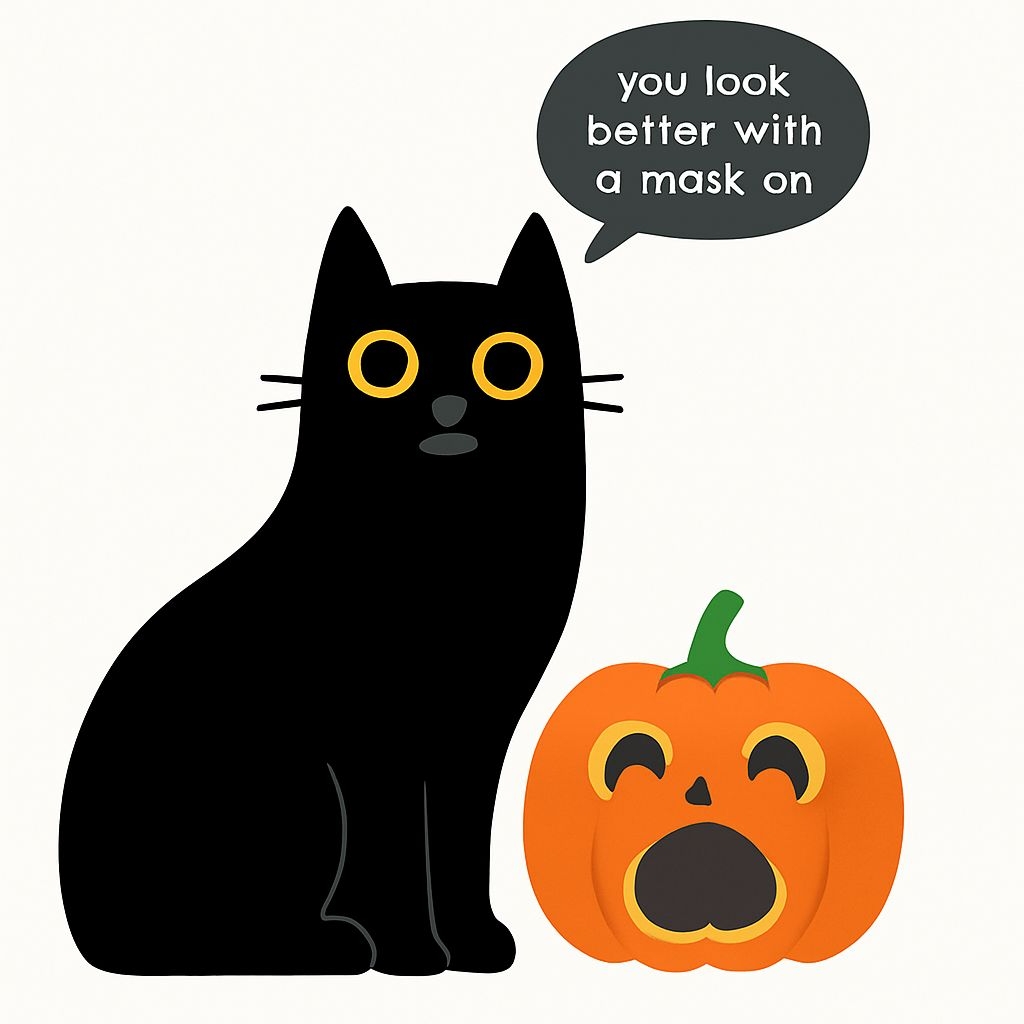 Humorous Black Cat and Pumpkin Halloween Sticker Illustration