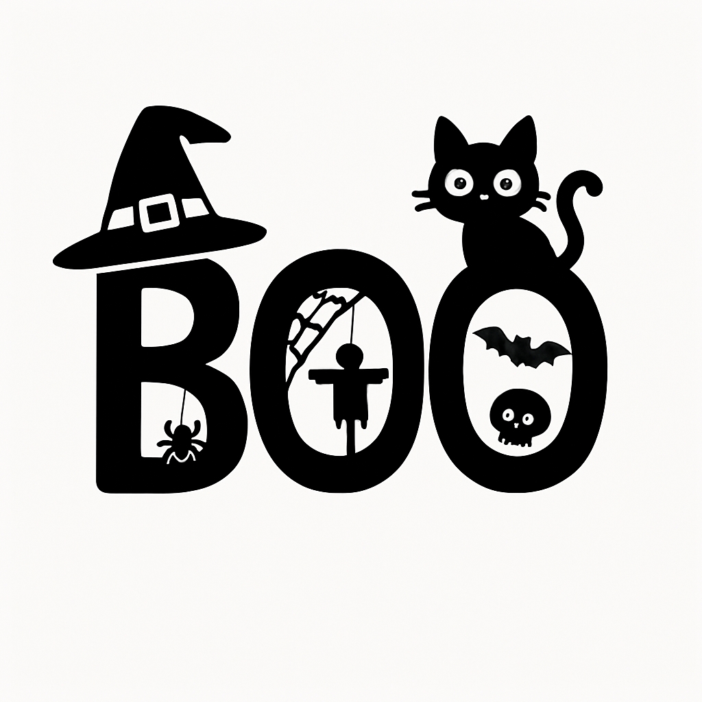 Playful Halloween BOO Sticker with Witch Hat, Cat, and Skull