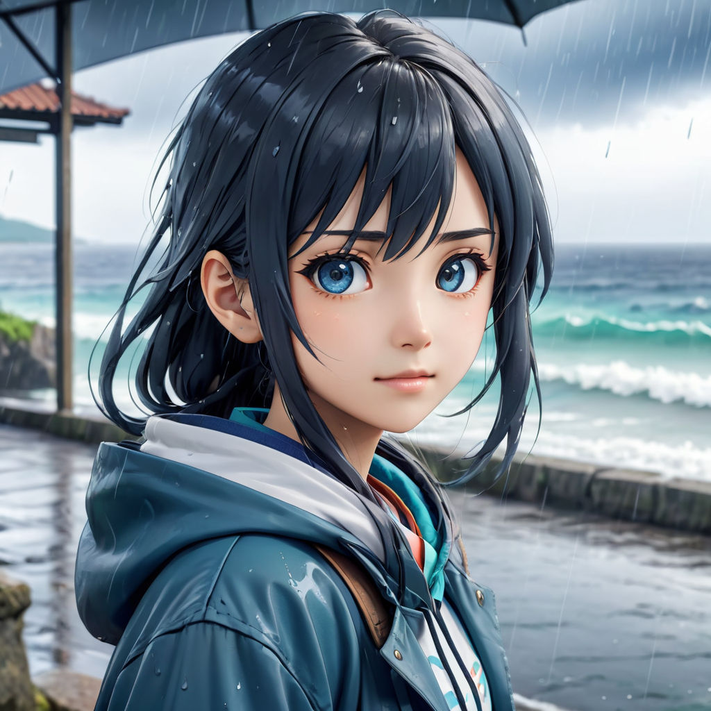 Deep dark blue haired wave anime girl with deep blue eyes