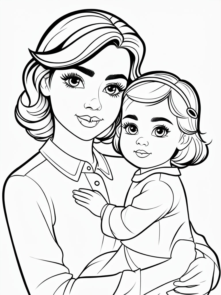 Tender Mother and Daughter Bonding Illustration for Coloring Book Pages