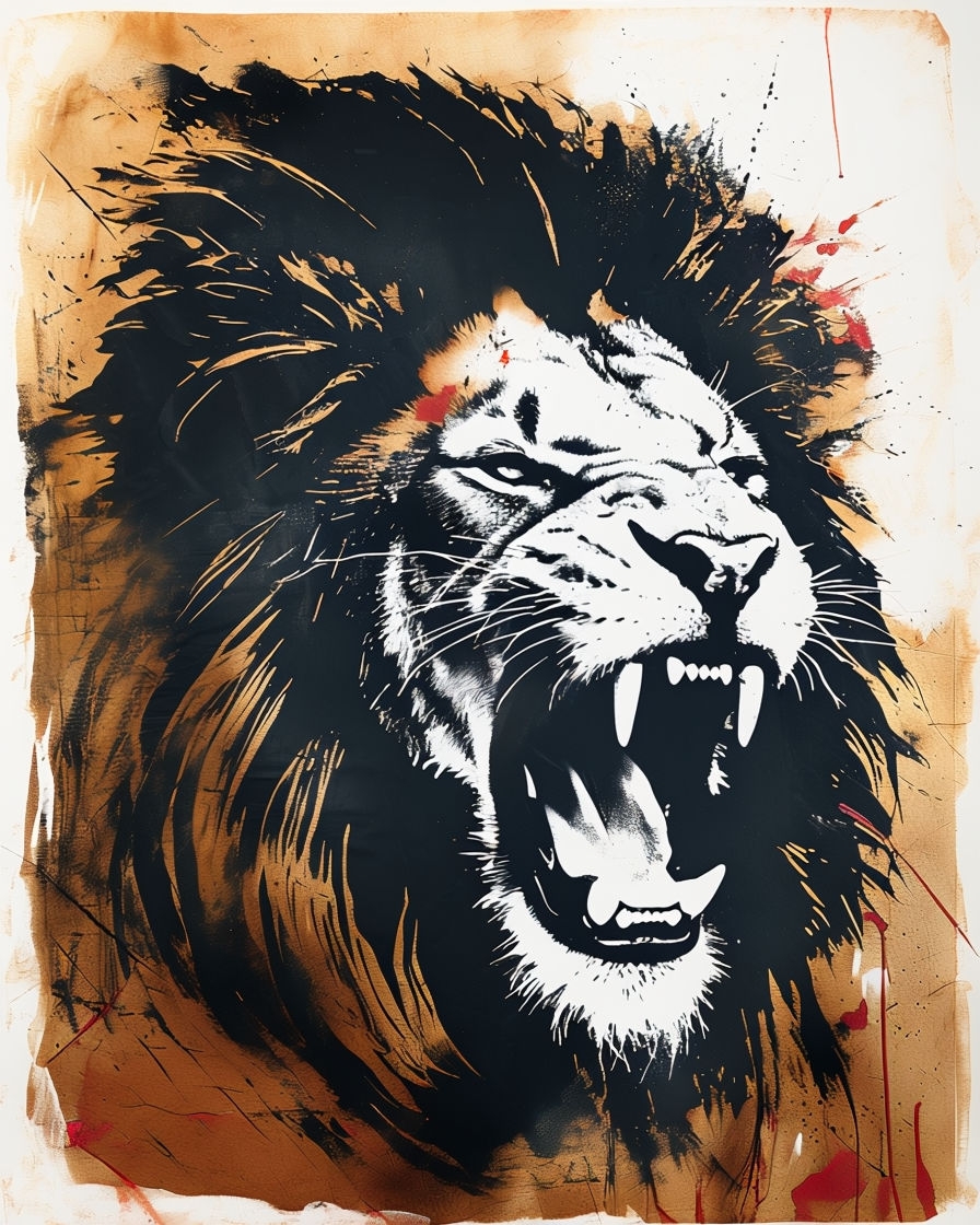 Powerful Roaring Lion Head Distressed Screen Print T-Shirt