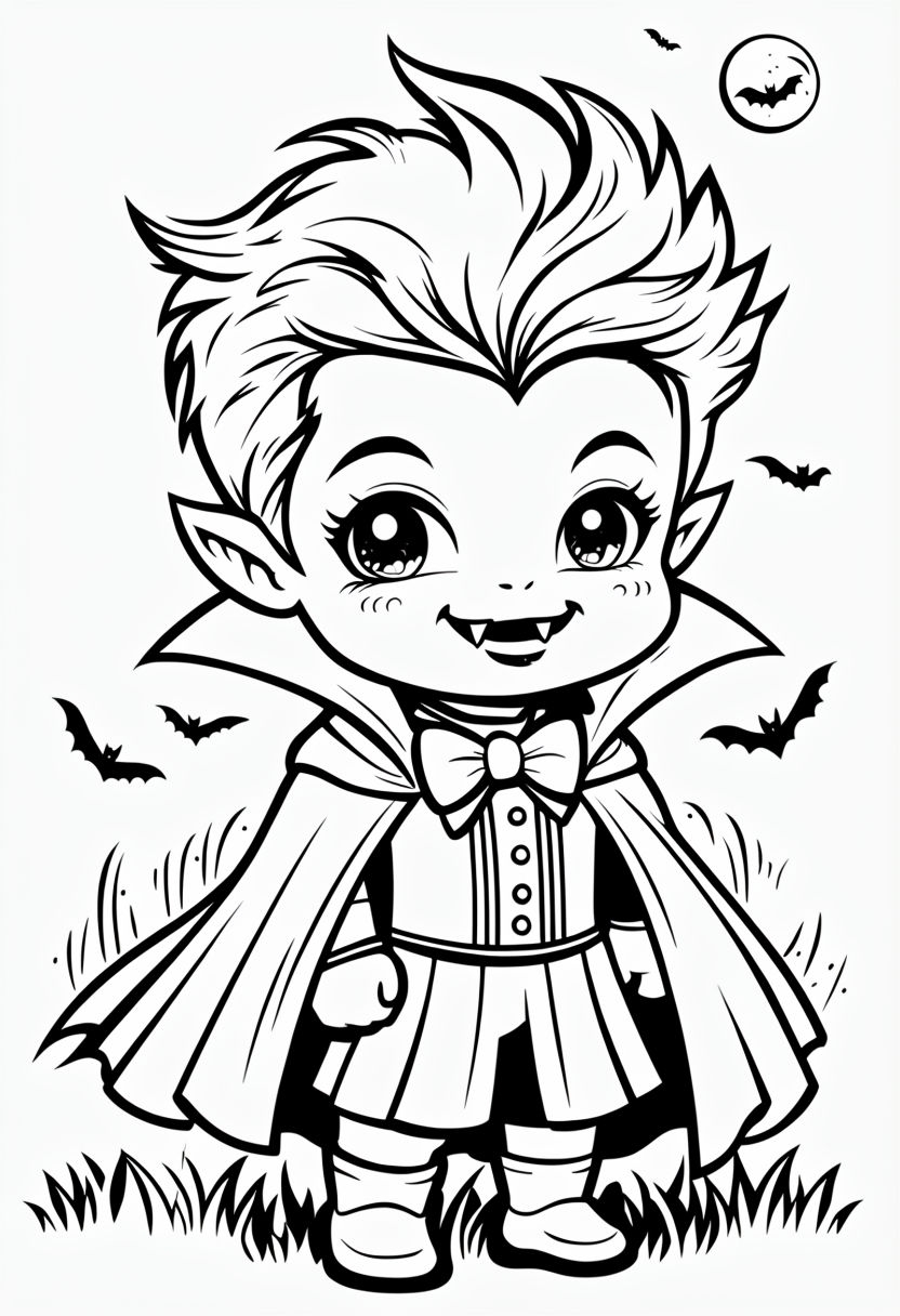 Cheerful Chibi Vampire Coloring Page for Halloween