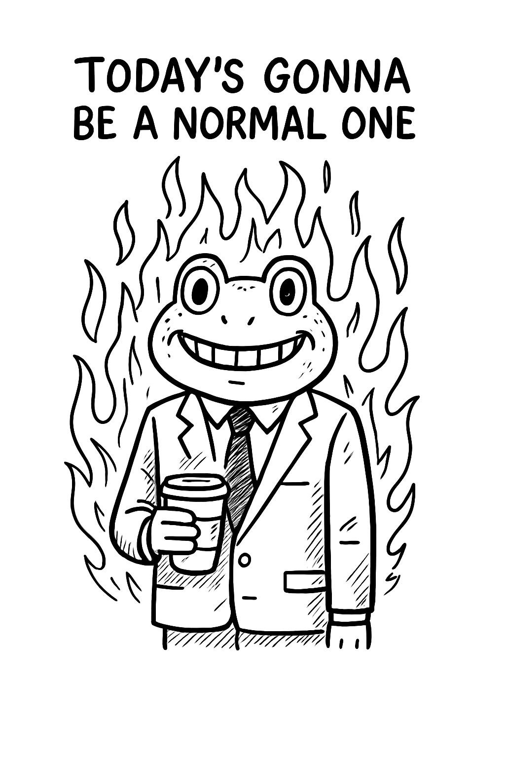 Whimsical Frog in Suit with Coffee and Chaotic Flames Poster
