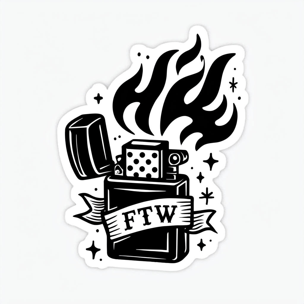 Vintage Tattoo Style Lighter Illustration with Flames Sticker