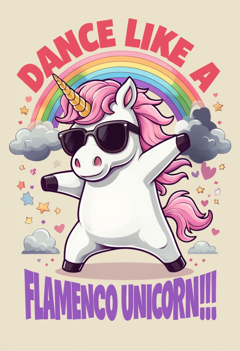 Whimsical Dancing Flamenco Unicorn Cartoon Art Poster