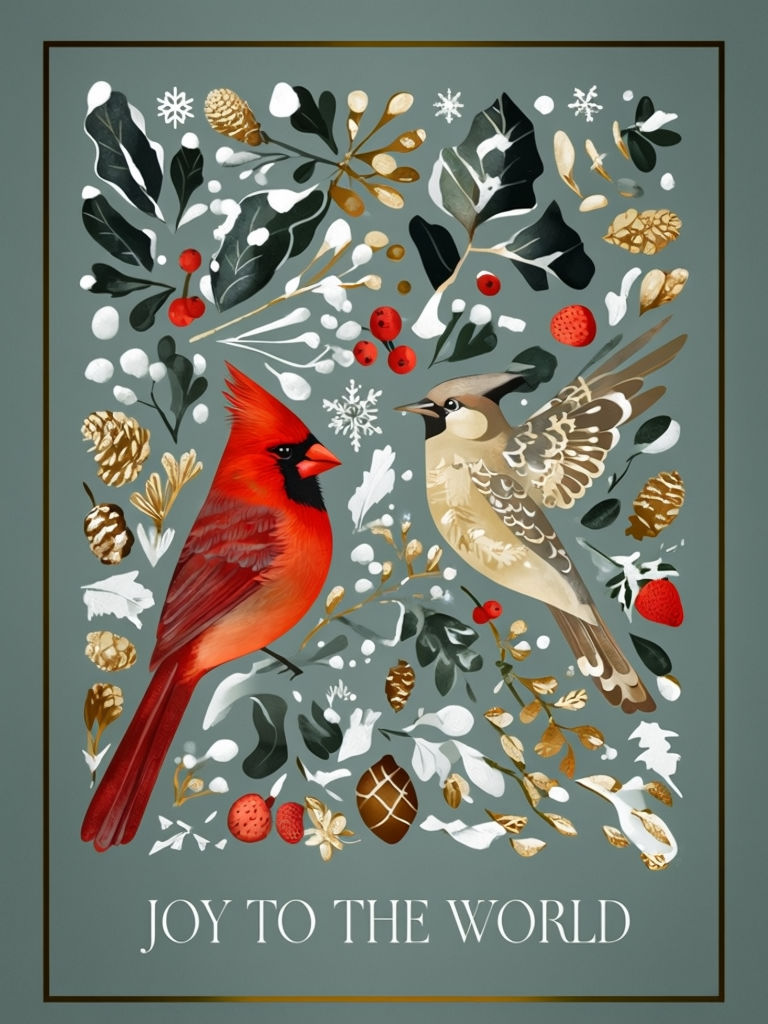 Festive Holiday Card with Cardinal and Songbird, Winter Botanicals