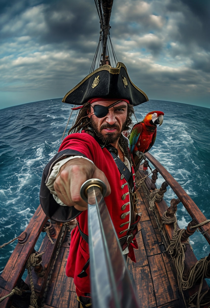 Dramatic Young Pirate with Sword on Old Ship Photography Art