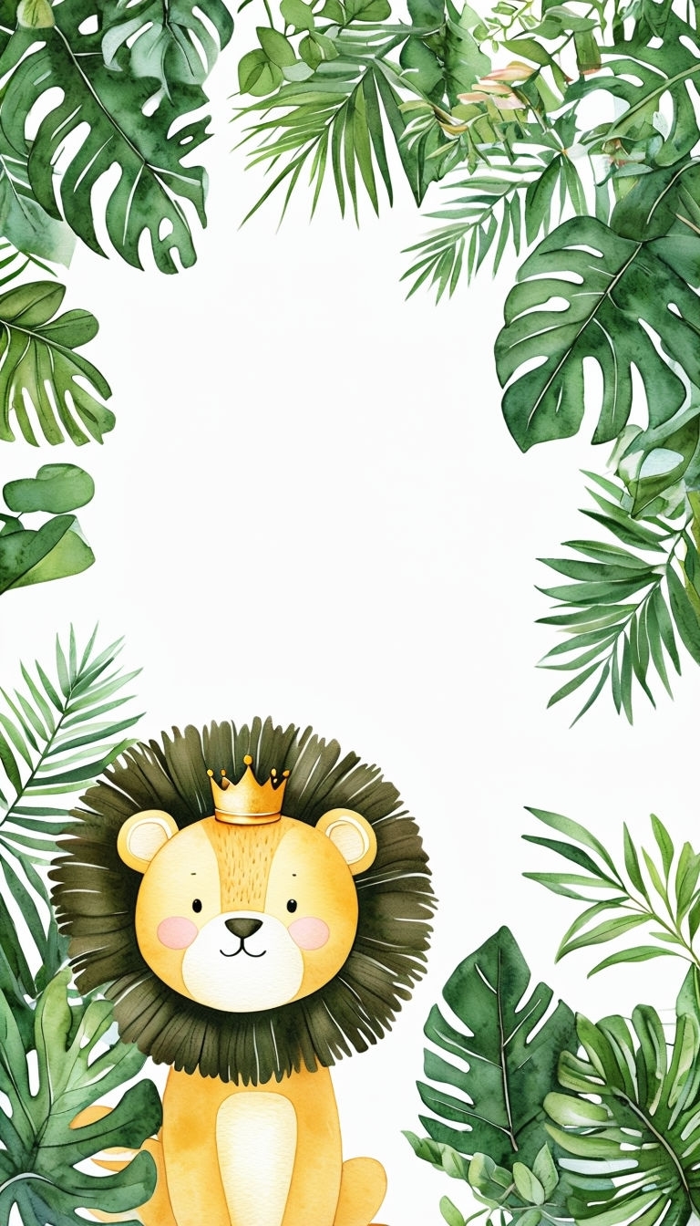 Playful Cartoon Lion Surrounded by Tropical Foliage Illustration Social Media Post