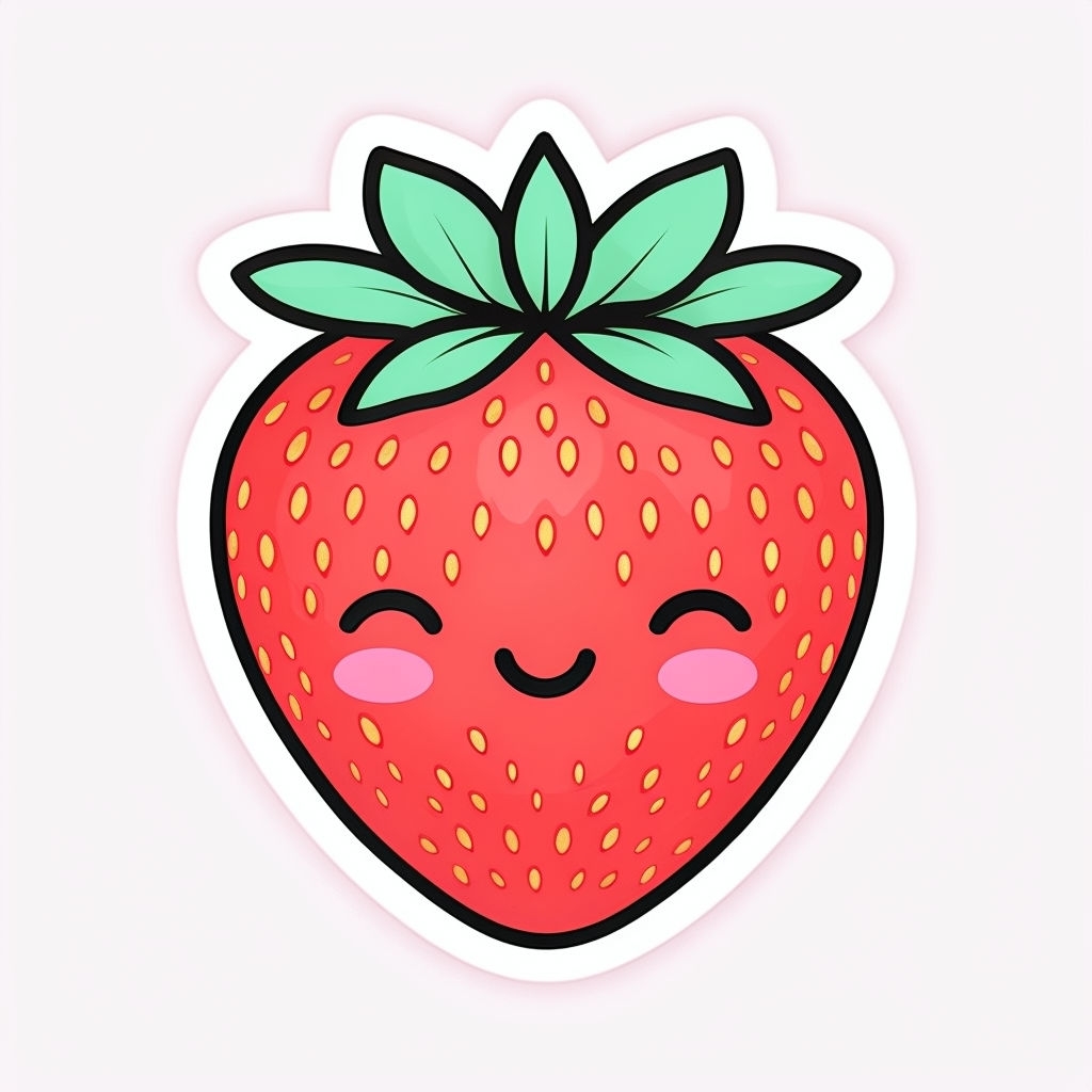 Cute Kawaii Strawberry Cartoon Sticker with Happy Expression