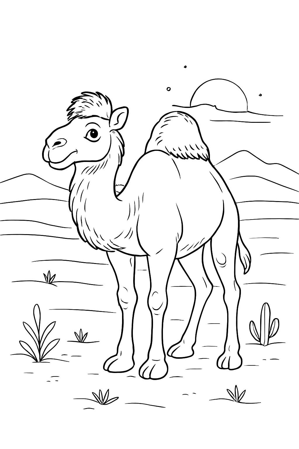 Friendly Camel in Desert Scene Line Drawing for Coloring Book Pages
