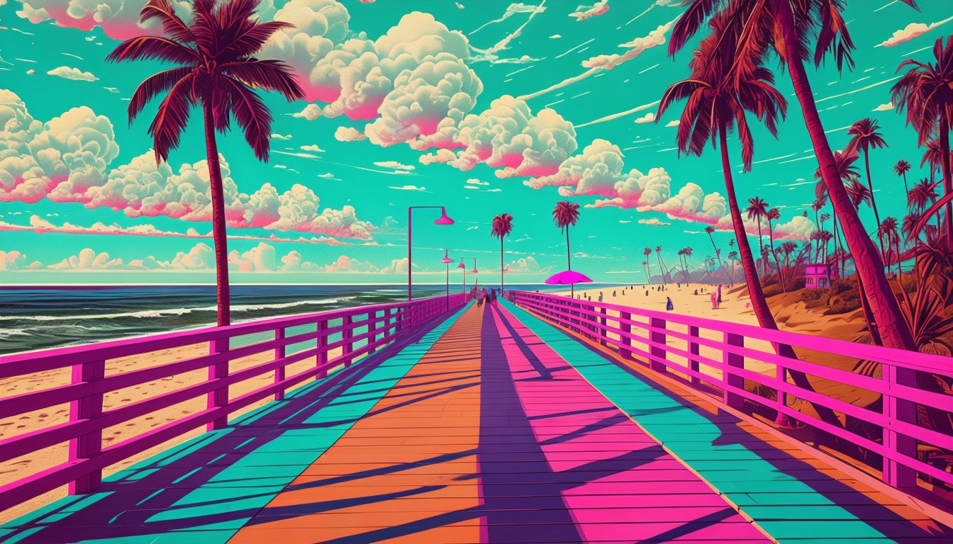 Vibrant Surreal Beach Boardwalk Illustration Art