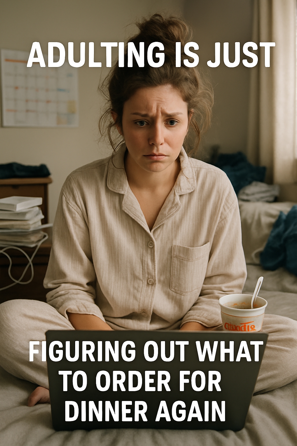 Contemplative Woman in Pajamas with Adulting Dinner Struggle Meme