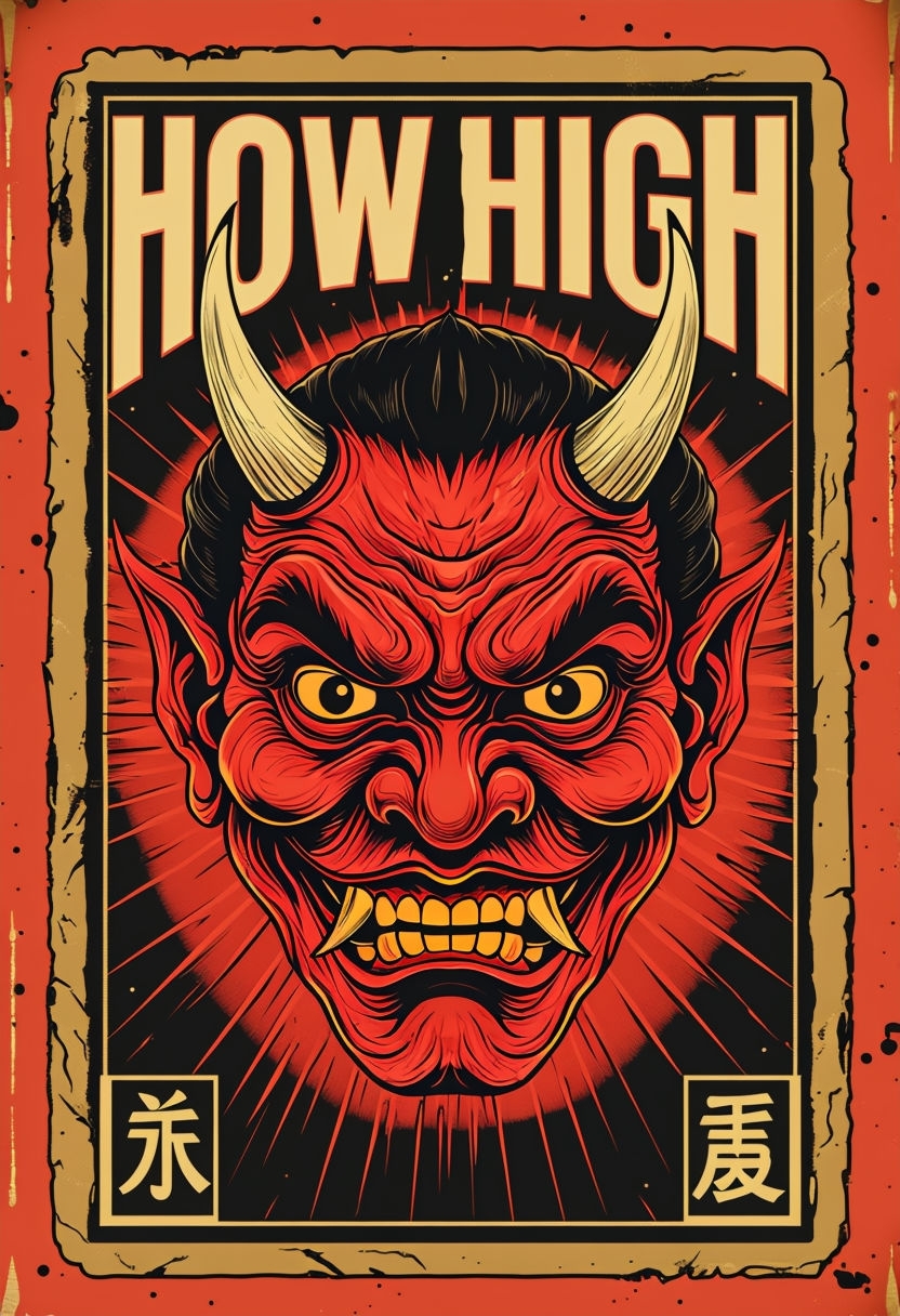 Vibrant Oni Demon Mask Vintage Illustration Poster