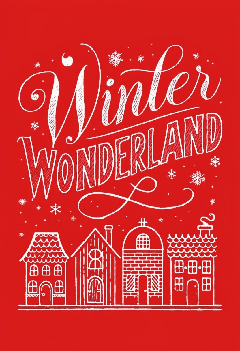 Festive Winter Wonderland Christmas Illustration with Cozy Houses Poster