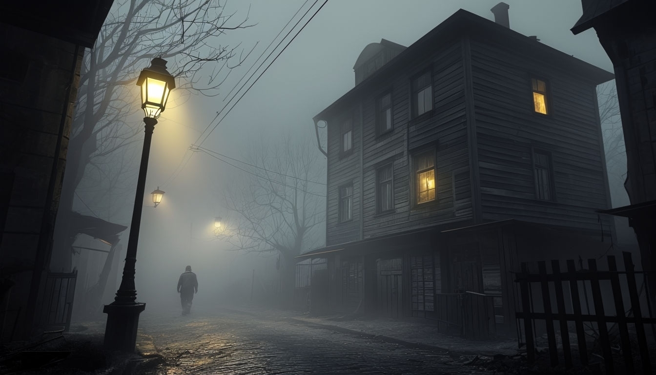 Eerie Foggy Night Street Scene with Vintage Streetlamp Background