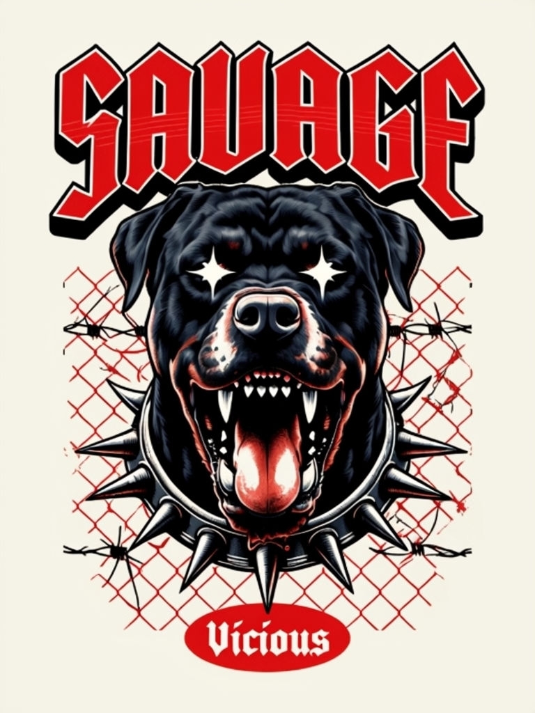 Fierce Rottweiler Dog Graphic with Savage Typography T-Shirt