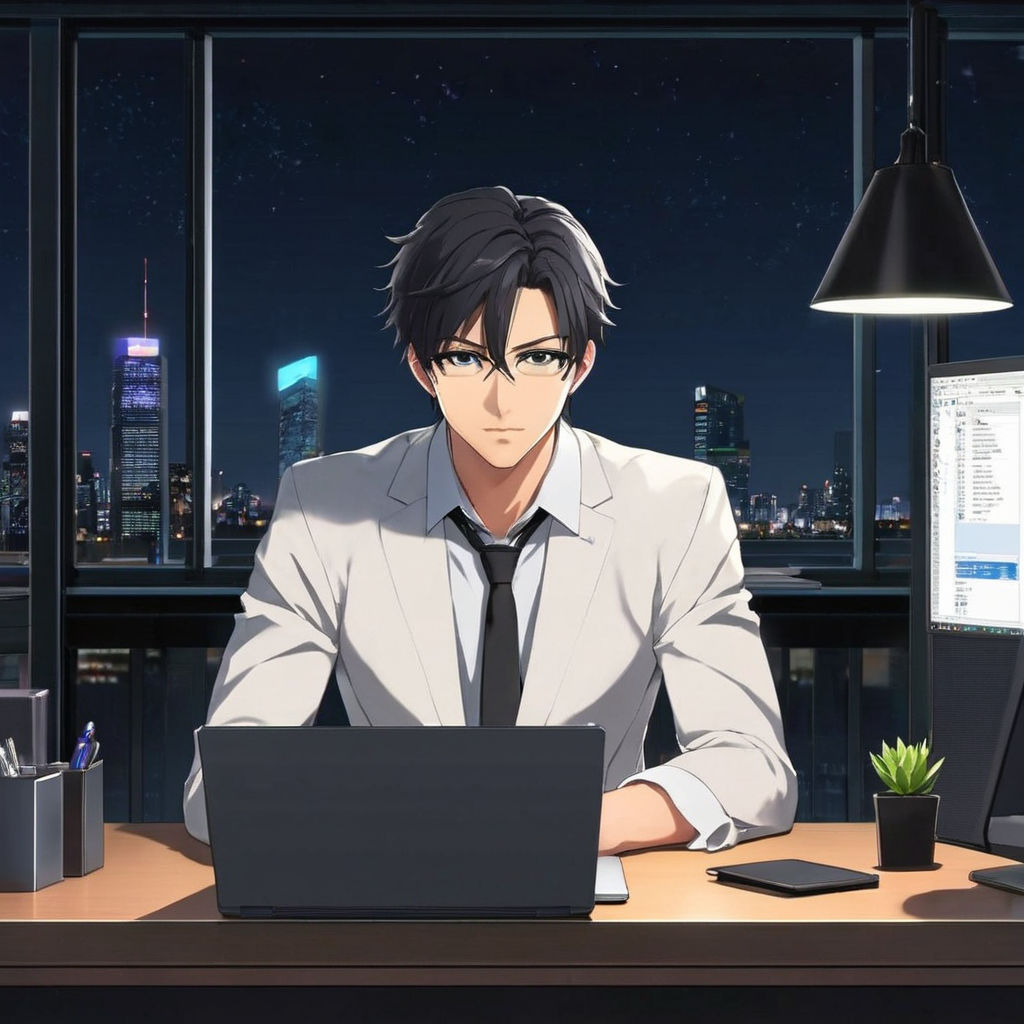 Anime-friendly-looking male business character. He is sittin... by ...