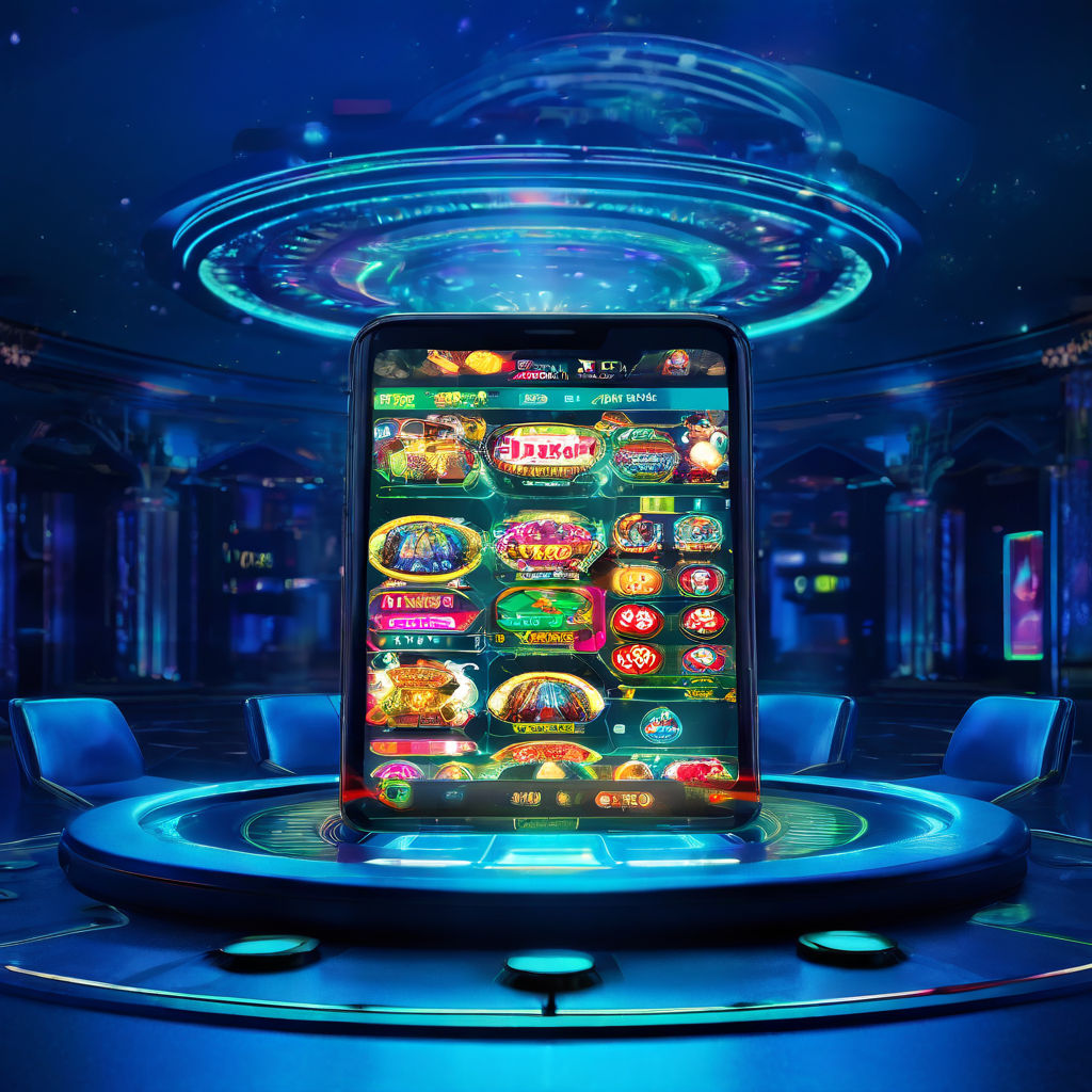 Cell phone displaying a futuristic indian casino mobile indian game in sharp focus, green lights reflect on a glossy table surface,  indian advanced casino setting in the indian background emitting vibrant hues and colors, illustration designed for immersive indian casino-themed wallpaper, high-resolution details, 3840x2160 pixel clarity, selective focus on gambling icons, vibrant logos, dramatic lighting, ultra realistic.