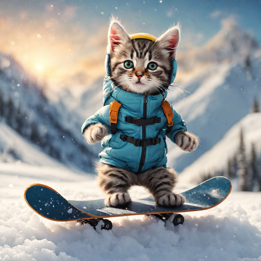 A photo of cute kitten riding the snowboard by '_';;; Playground
