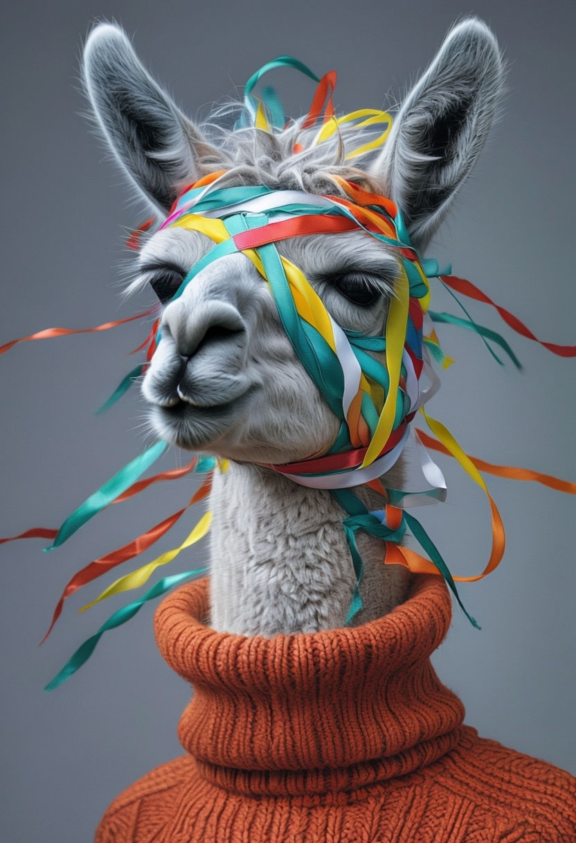 Vibrant Llama Portrait with Colorful Ribbons Art