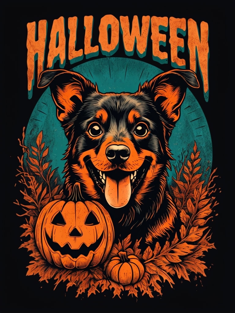Cheerful Black Dog and Jack-o'-Lantern Halloween Poster