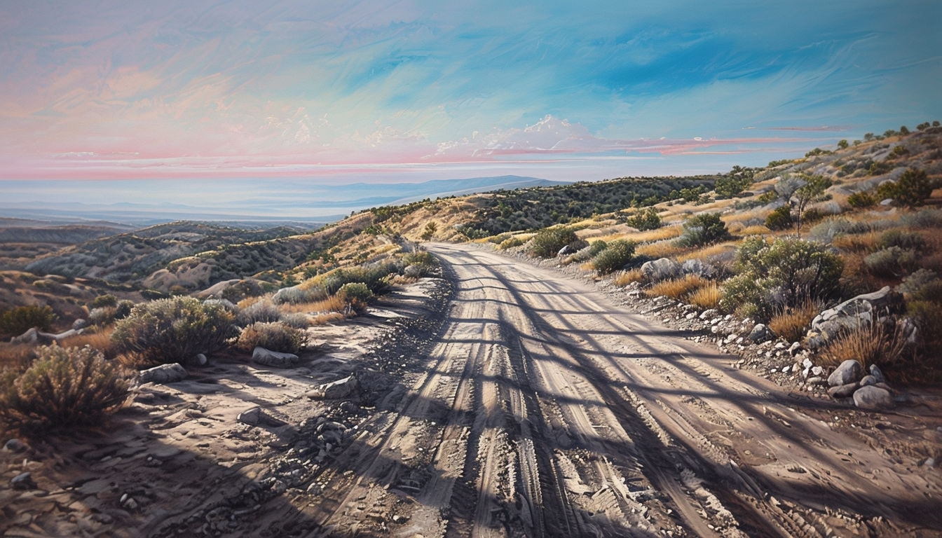 Serene Dirt Road Landscape Painting for Virtual Backgrounds