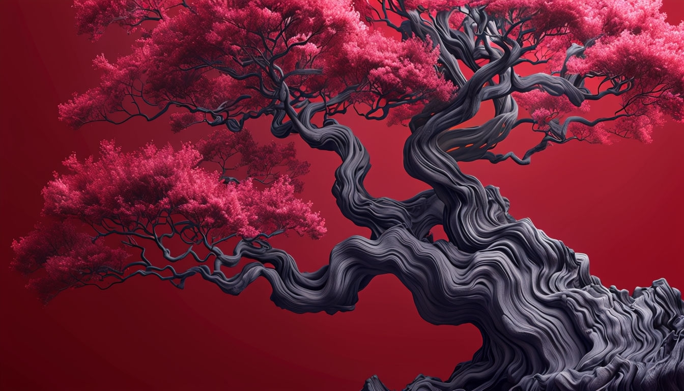 Surreal Ancient Tree with Crimson Foliage Virtual Background