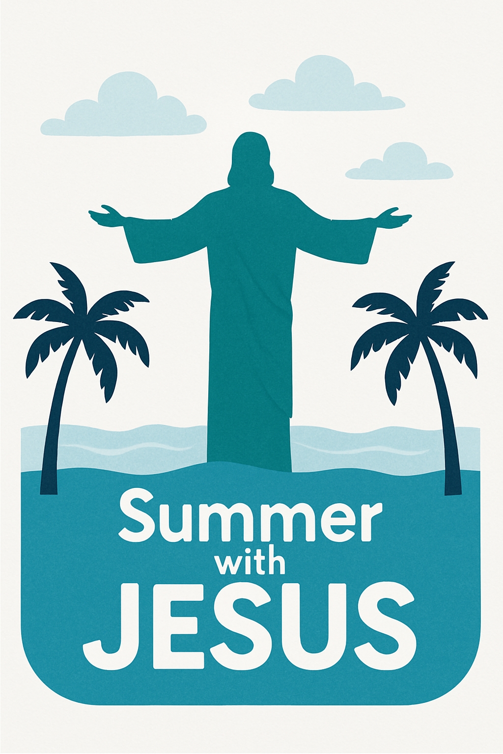 Teal Silhouette of Jesus with Palm Trees Summer T-Shirt