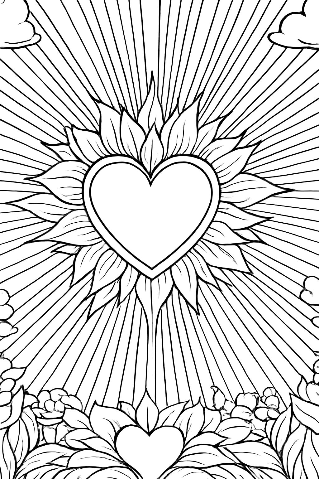 Heart-Shaped Sun with Intricate Floral Borders Coloring Book Page