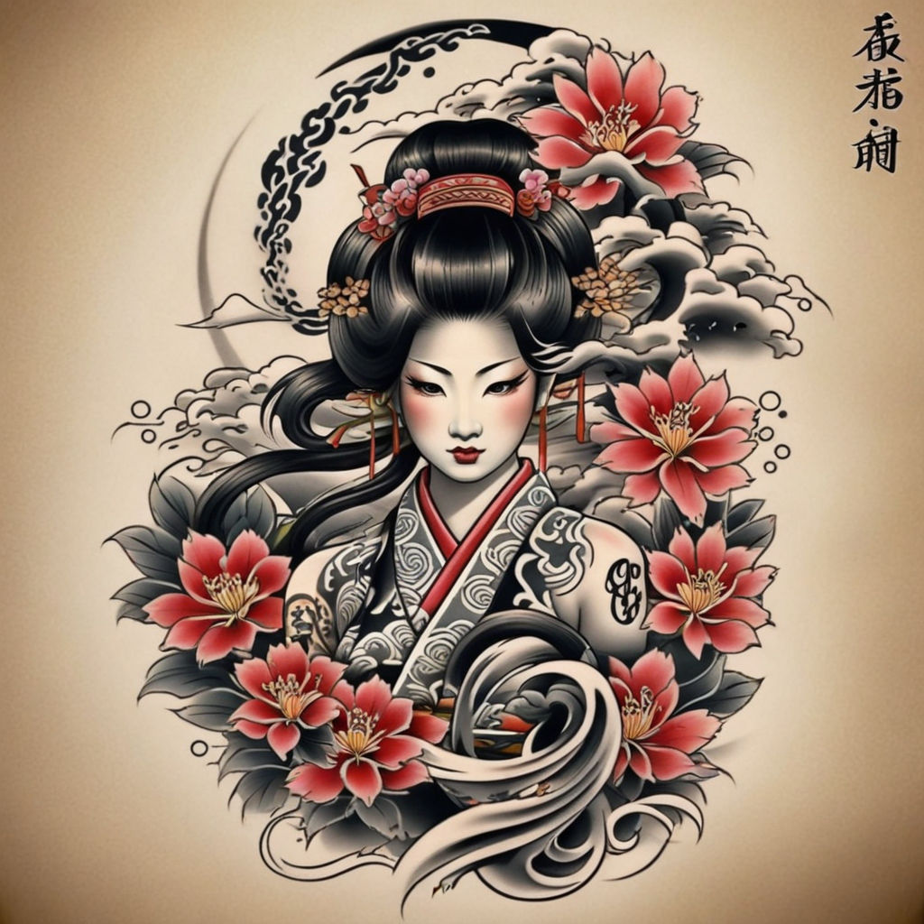 Tattoo design of a geisha in traditional Japanese style in the style of the  film The Hateful Eight