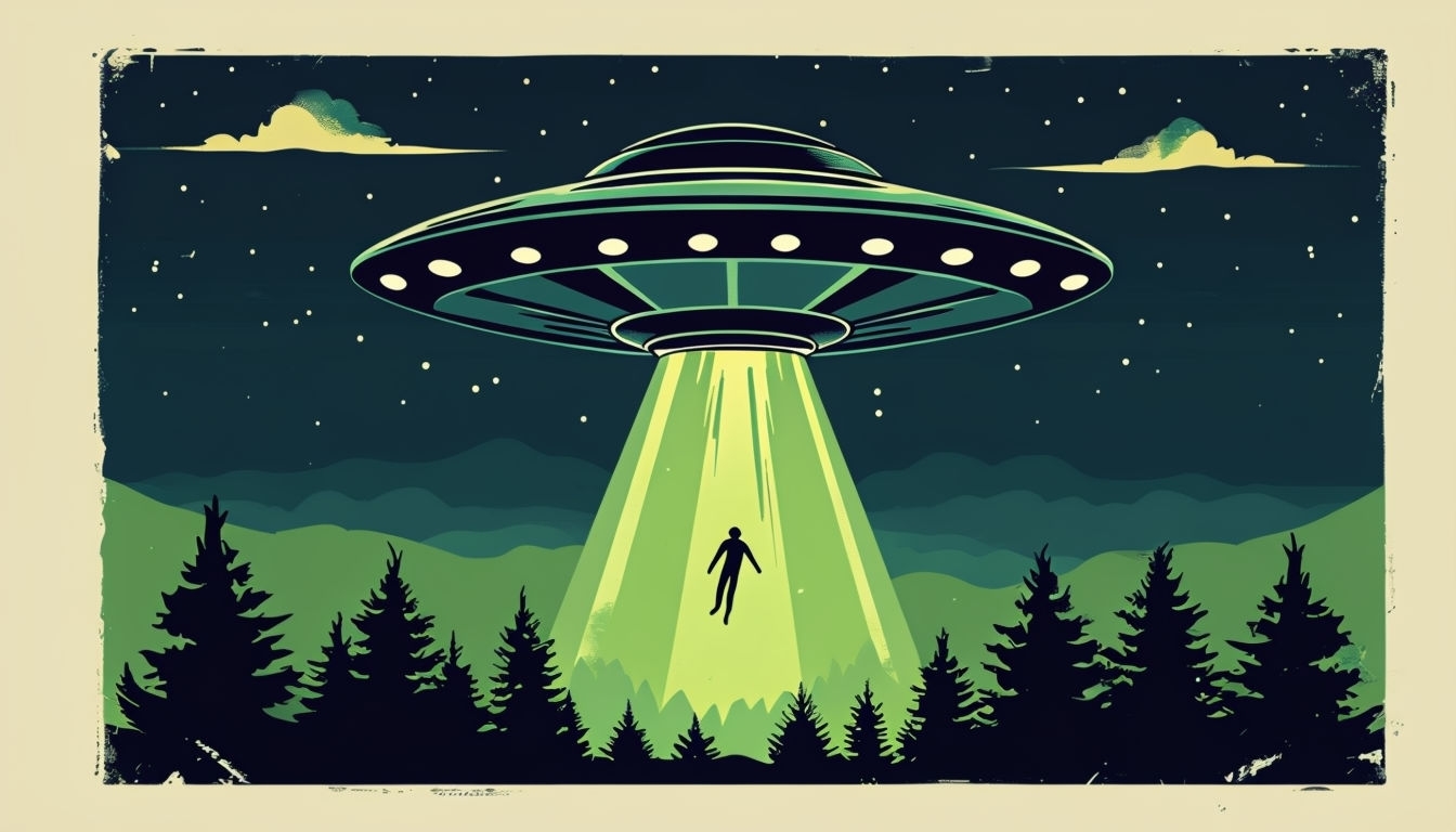 Retro UFO Abduction Scene Vintage Poster Art for Virtual Backgrounds