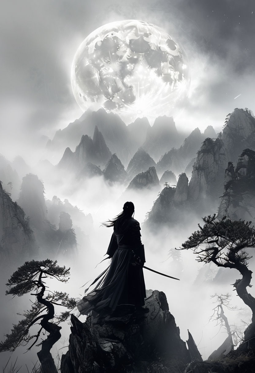 Lone Warrior Silhouette Against Misty Mountain and Moonlight Mobile Wallpaper