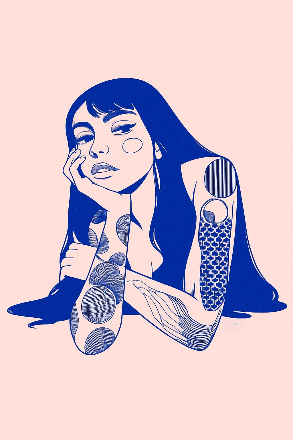 Modern Contemplative Woman Illustration with Geometric Tattoos T-shirt