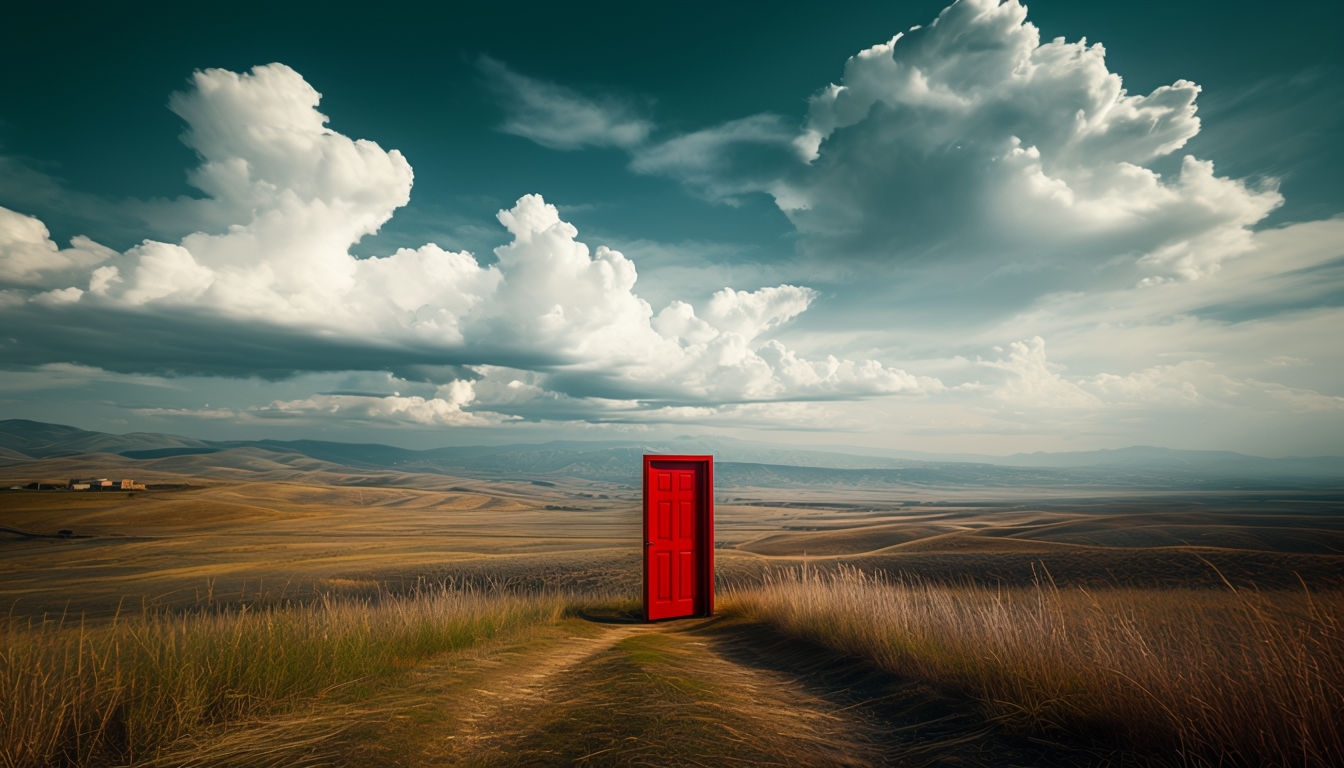 Vibrant Red Door in Serene Landscape Photography Background