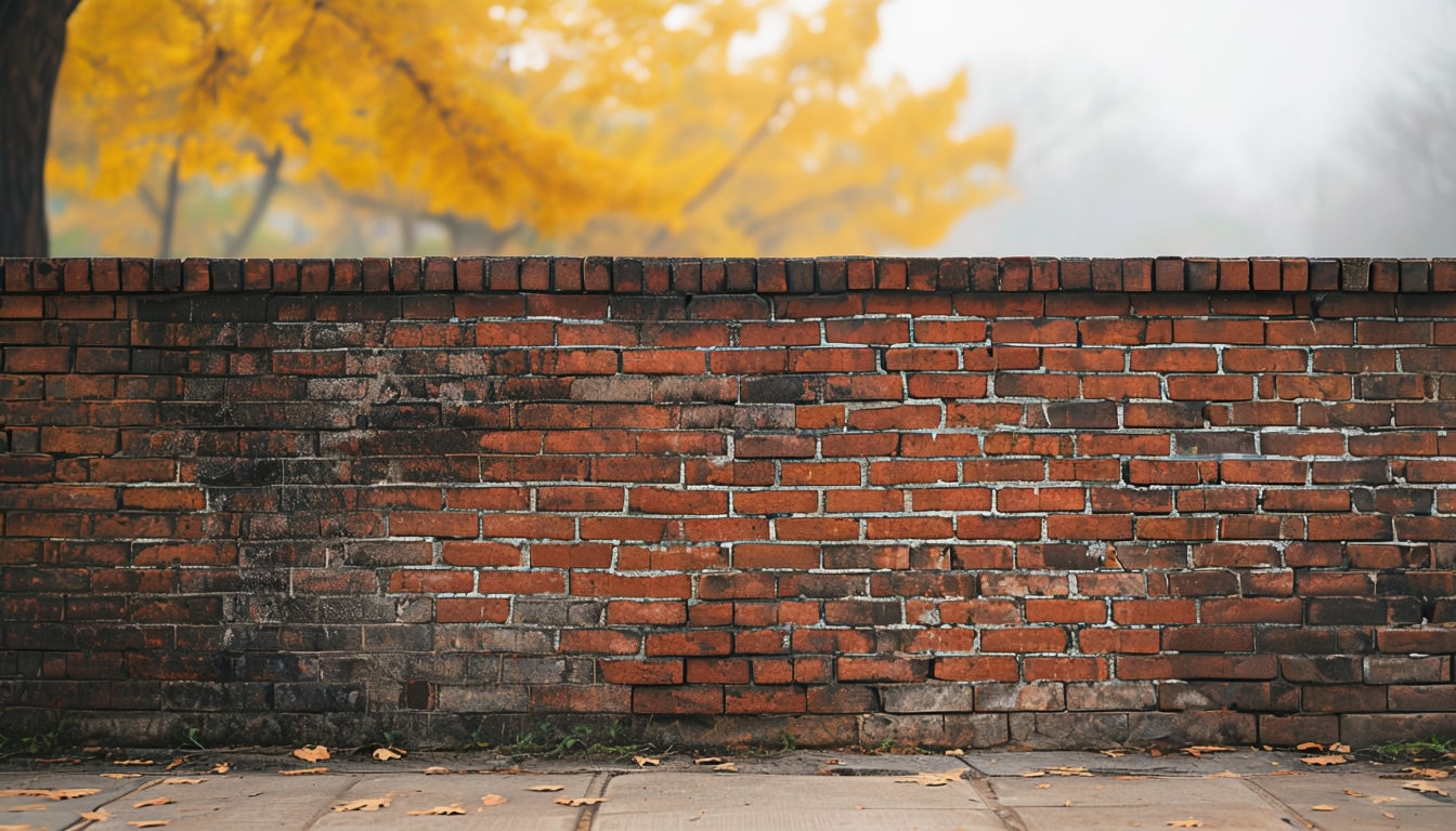 Weathered Red Brick Wall with Autumn Leaves Background