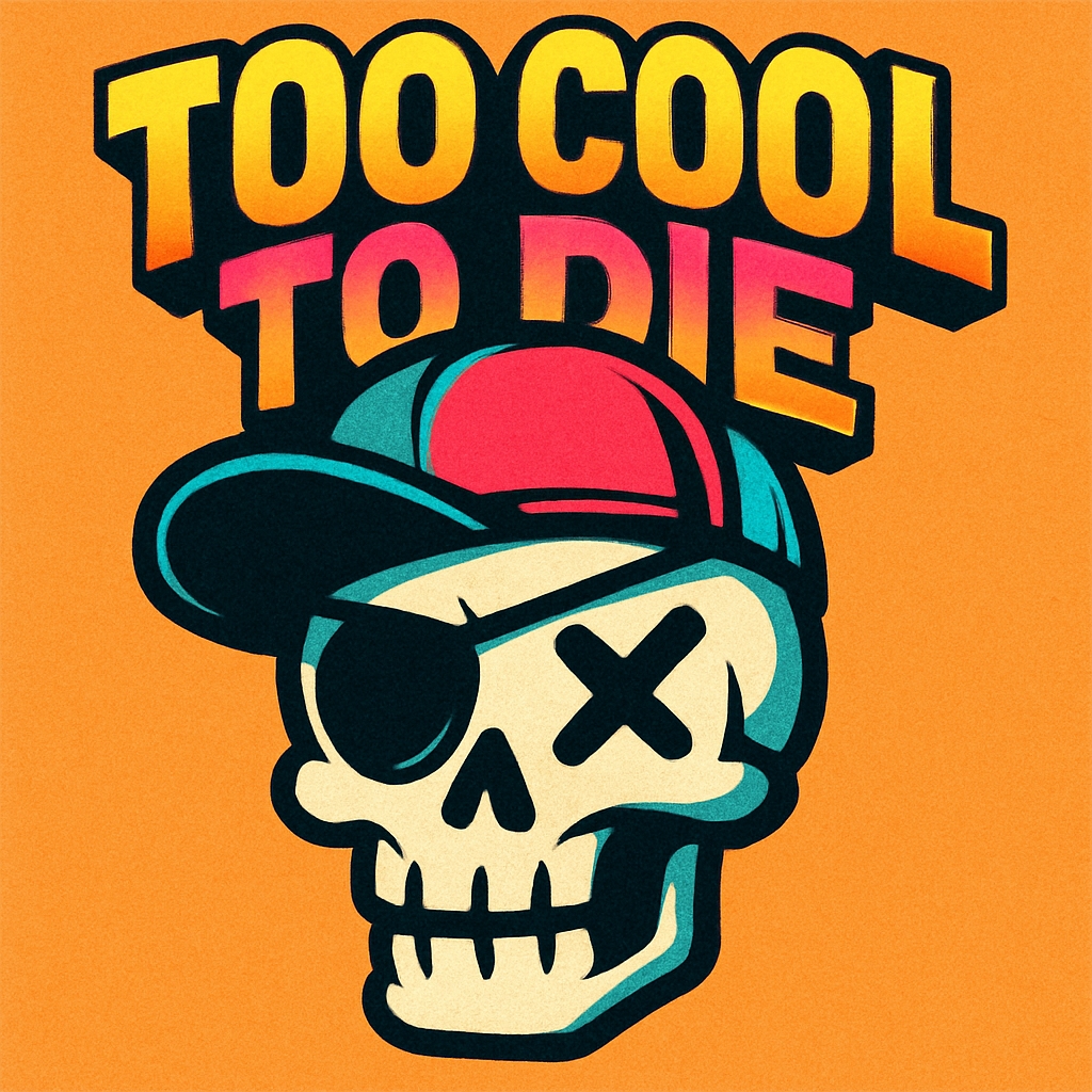 Vibrant Cartoon Skull with Too Cool to Die Text T-Shirt