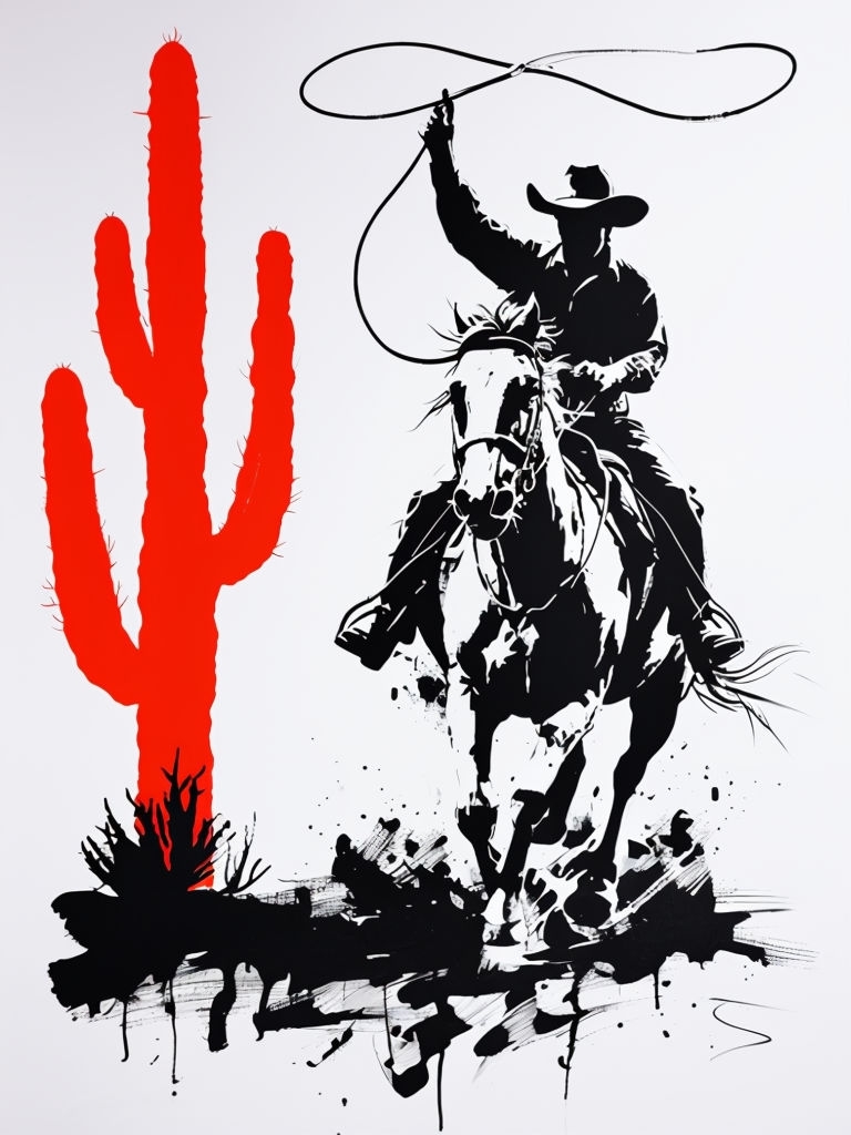 Dynamic Cowboy on Horseback in Desert Mixed Media Painting Art