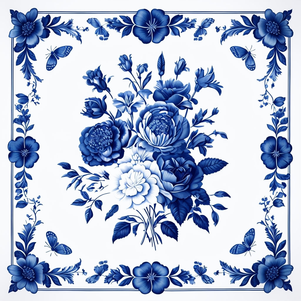 Elegant Blue Floral Pattern with Butterflies Seamless Pattern