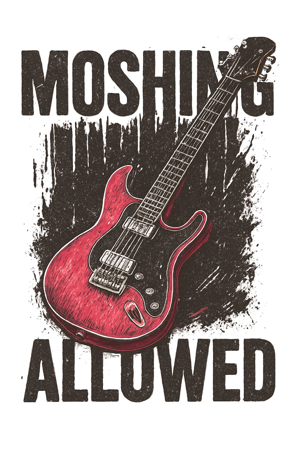 Vivid Red Electric Guitar with Bold MOSHI ALLOWED Text T-Shirt