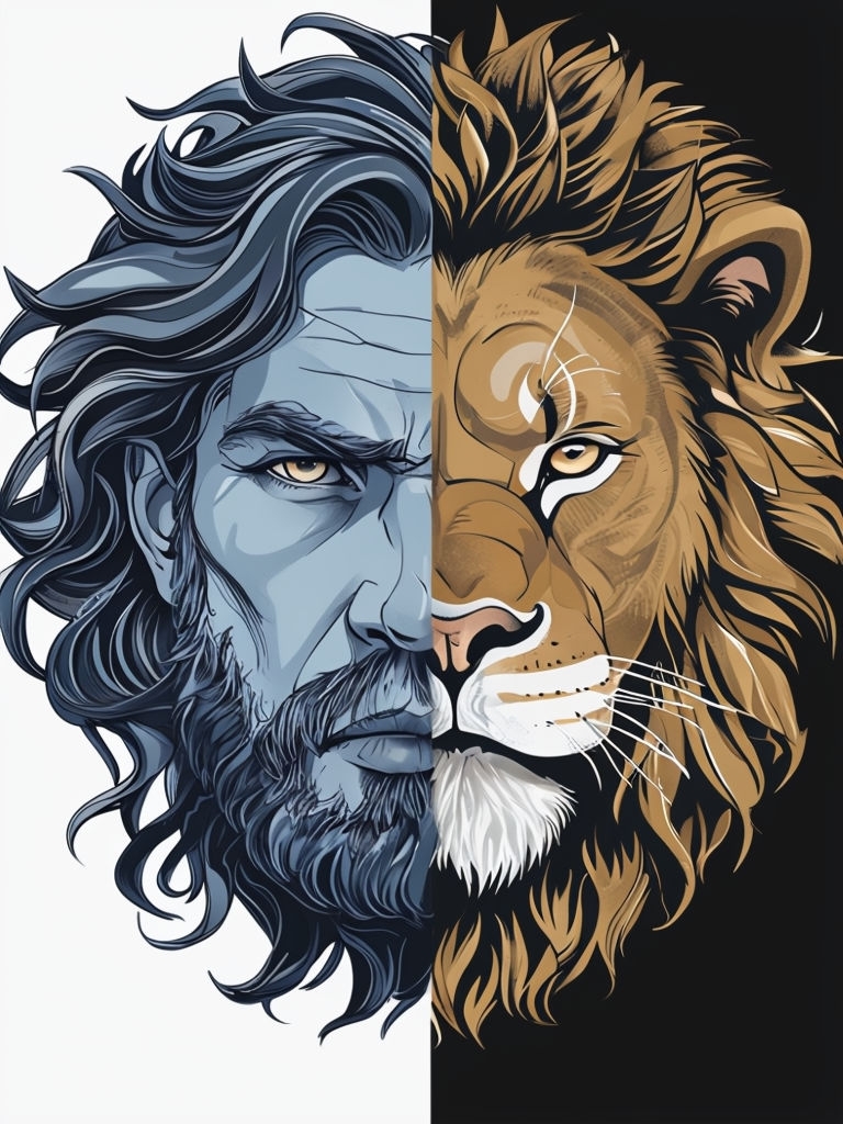 Symmetrical Lion and Man Face Vector Illustration Art