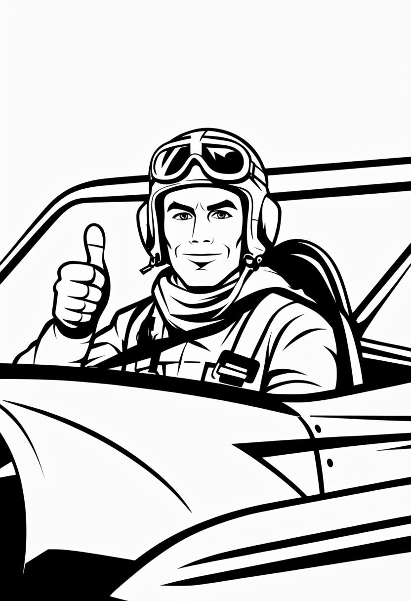 Brave Pilot in Cockpit Thumbs-Up Black and White Line Drawing Coloring Book Pages