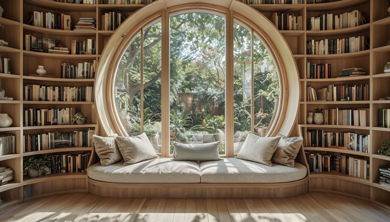 Cozy Reading Nook with Large Circular Window Art