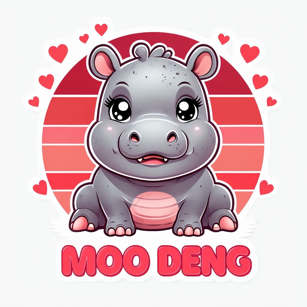 Cute Gray Baby Hippo Sticker with Hearts and MOO DENG Text