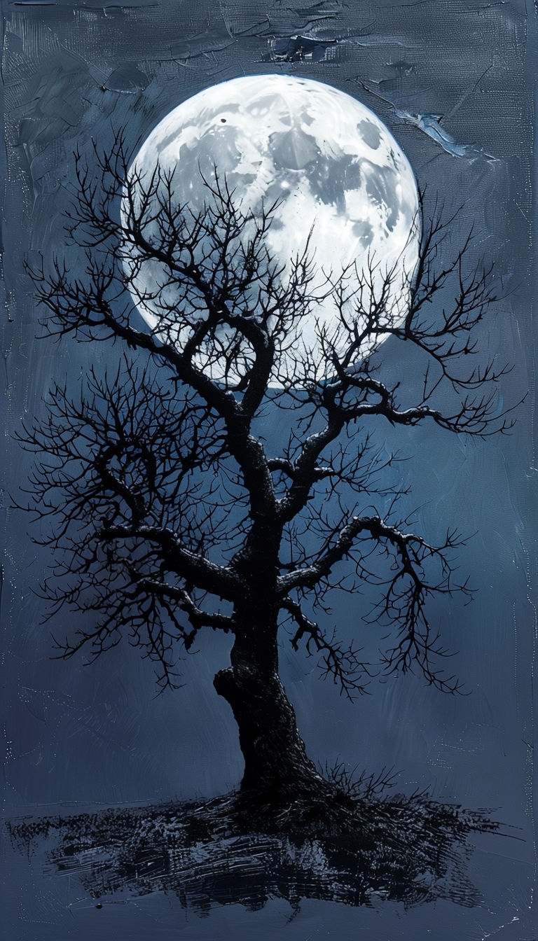Minimalist Winter Tree Silhouette with Full Moon Mobile Wallpaper