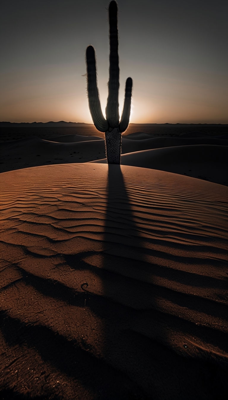 Twilight Desert Cactus with Long Shadow Minimalist Mobile Wallpaper