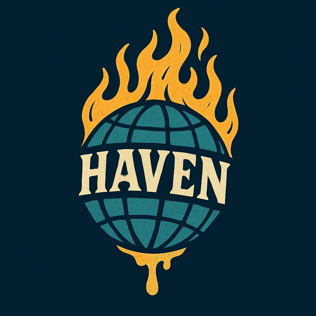 Vintage-Style HAVEN Globe with Flames and Dripping Effect Logo