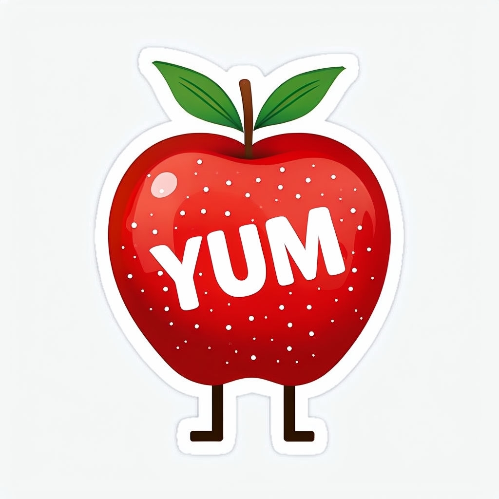 Vibrant Cartoon Apple Character Sticker with YUM Text