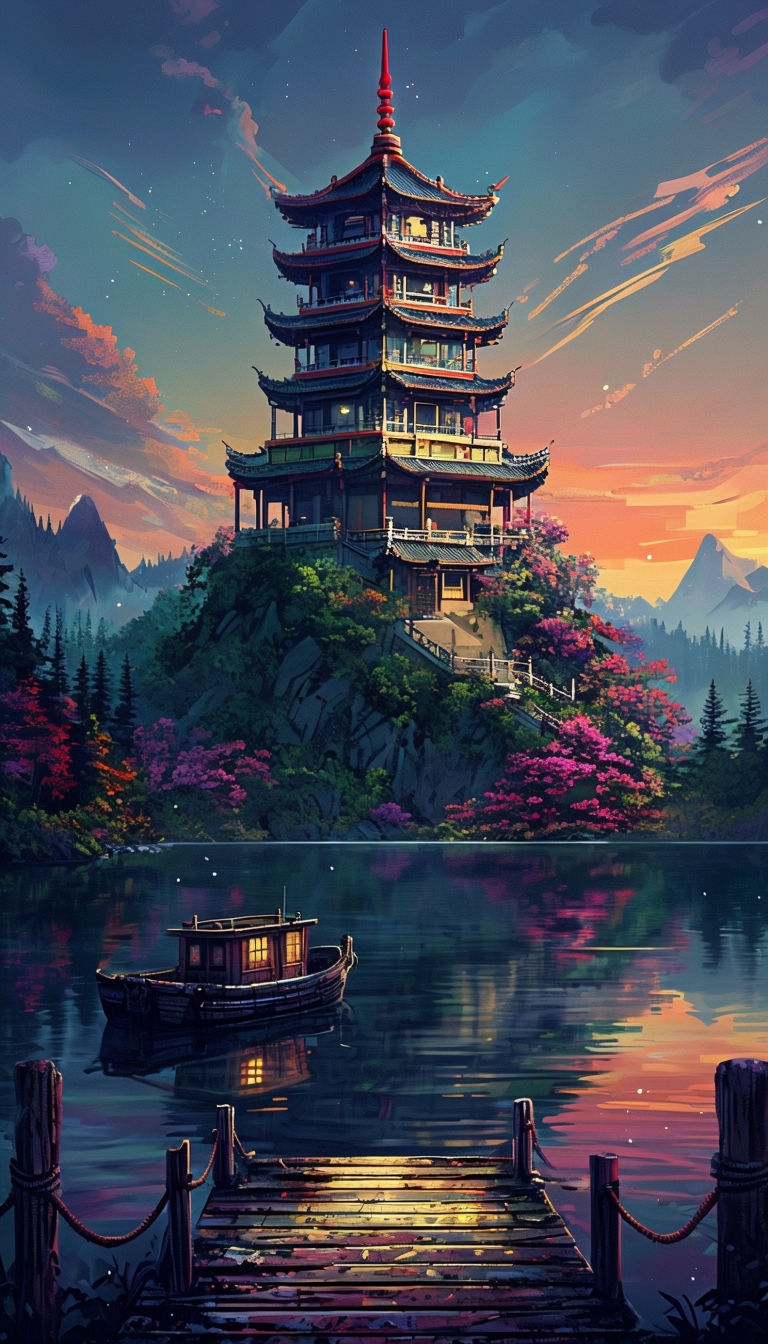 Majestic Fantasy Pagoda at Sunset Over Serene Lake Art