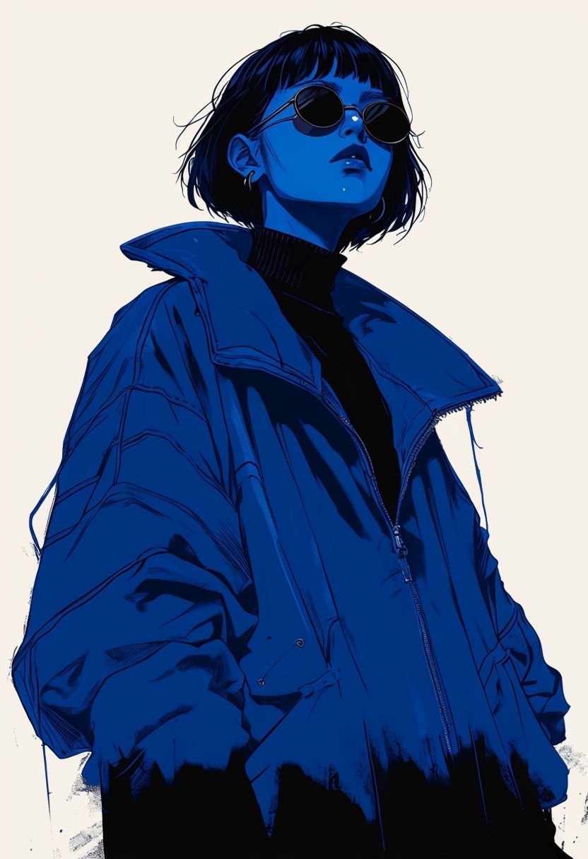 Dramatic Anime Character in Electric Blue Oversized Jacket Mobile Wallpaper